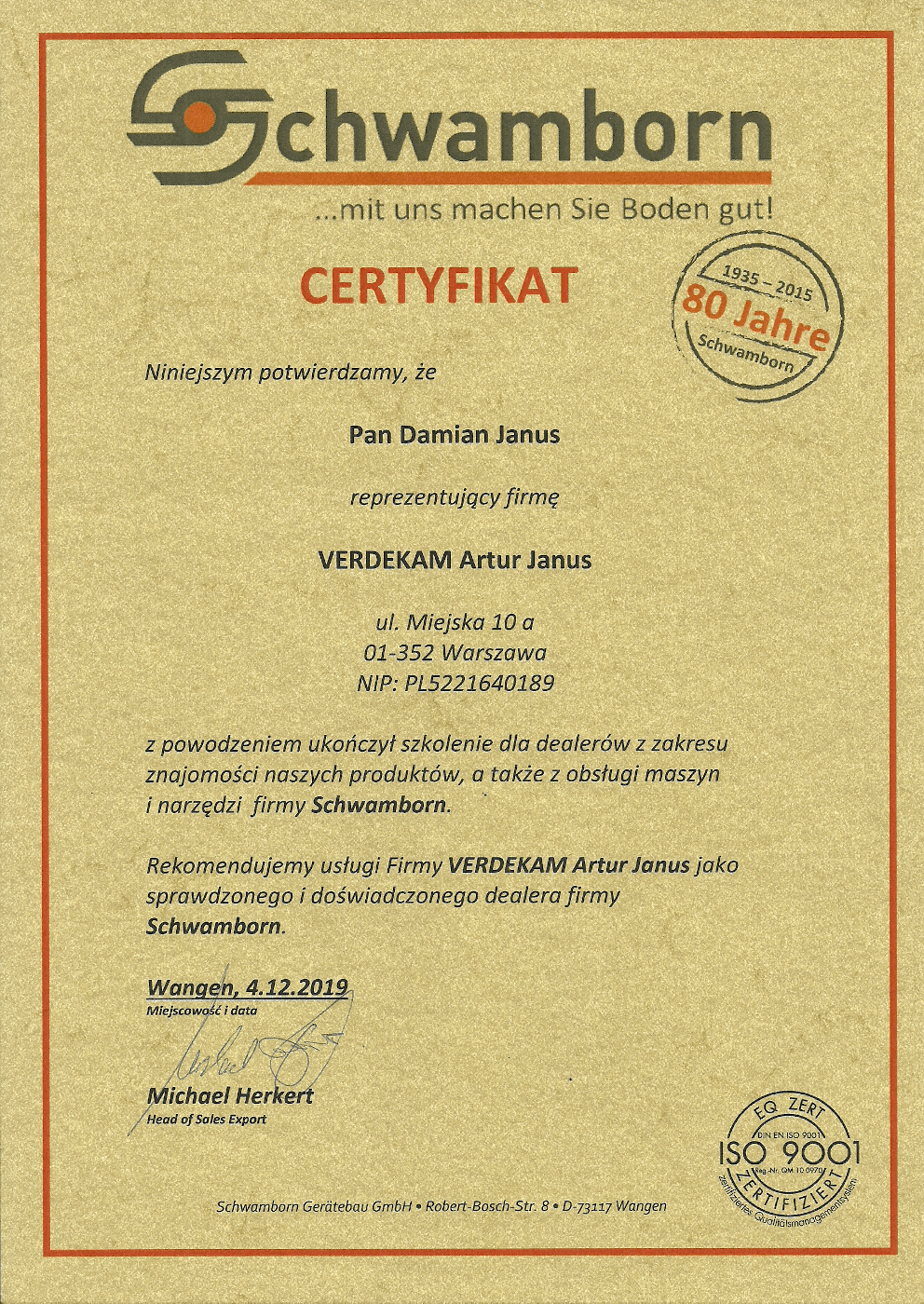 Certyfikat firmy Schwamborn